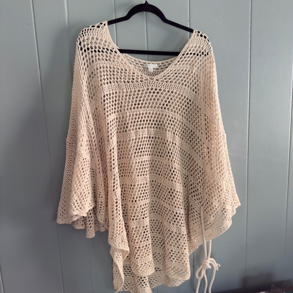 Garnet Hill open knit poncho sweater XL‎ beige boho coverup w/ side tie rope - Picture 1 of 8